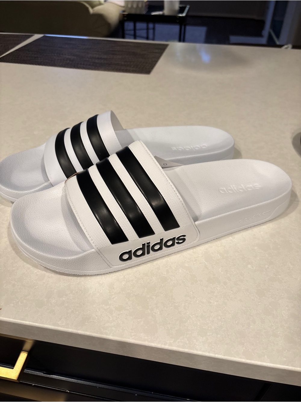adidas White Slide Sandals with Black Stripes. New with tag.